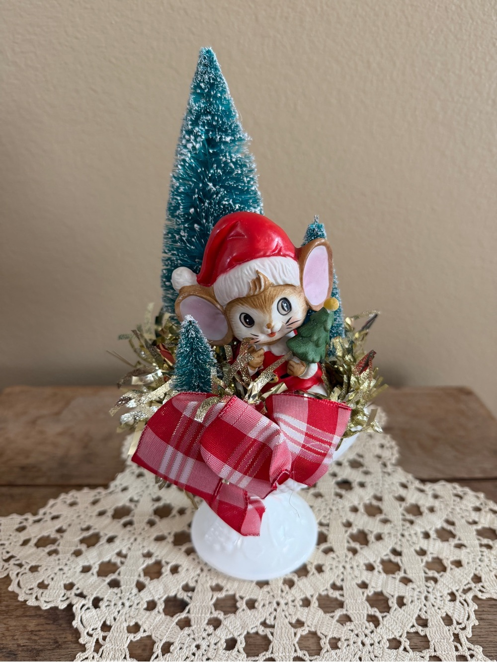 Vintage Holiday Mouse Figurine Centerpiece - Red, Green, Teal